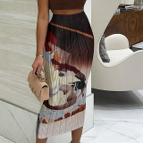 New casual printed pleated slim-fit elastic waist long skirt