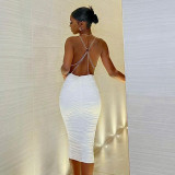 New solid color casual halter chain pleated sling long dress