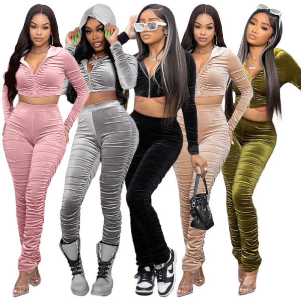 Women's Korean velvet pleated hooded casual two-piece suit