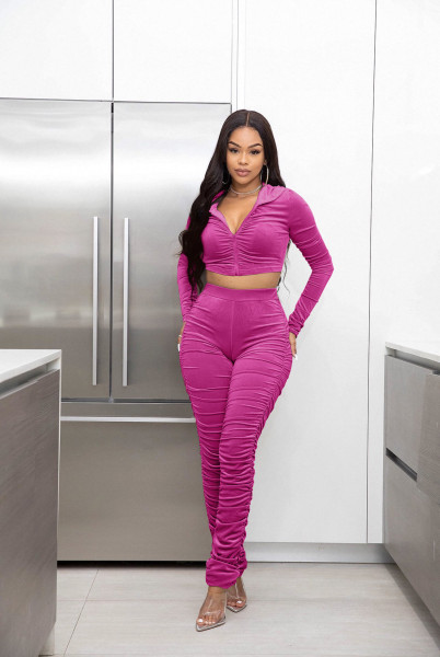 Women's Korean velvet pleated hooded casual two-piece suit