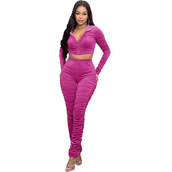 Women's Korean velvet pleated hooded casual two-piece suit