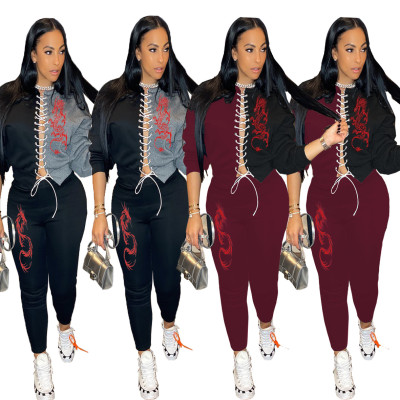 Women's sexy bandage stitching color fashion printing two-piece suit CL104