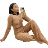 New solid color casual long-sleeved top and trousers with umbilical straps