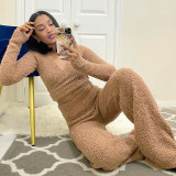 New solid color casual long-sleeved top and trousers with umbilical straps