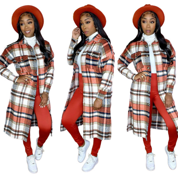 Women's classic plaid print woolen long coat dress