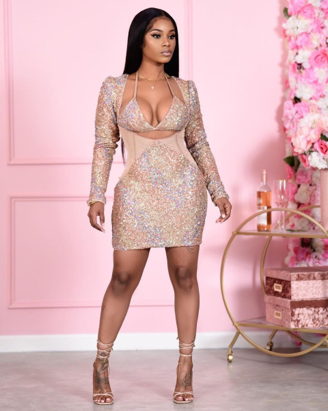 Sexy temperament commuter printing sequined long-sleeved dress nightclub clothes