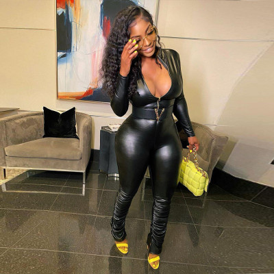 Sexy V-neck leather jumpsuit nightclub clothes