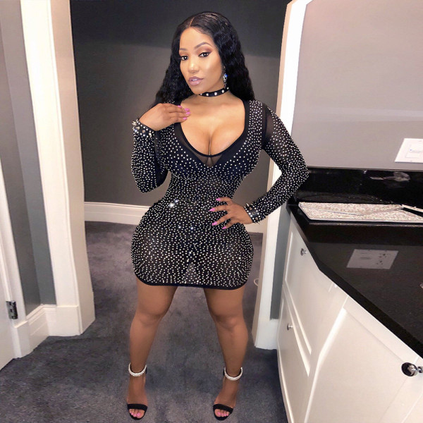 Sexy mesh hot rhinestone slim dress nightclub skirt