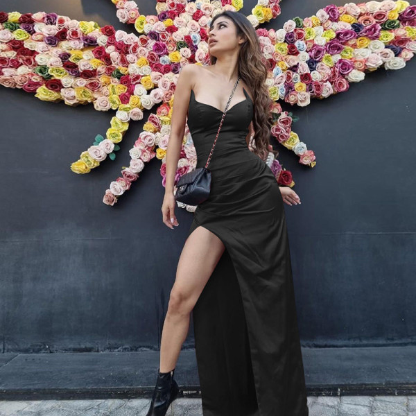 Party sexy solid color slim-fit suspender skirt temperament commuter party split long skirt