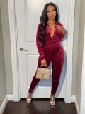 Women's Korean velvet pleated sexy jumpsuit