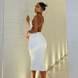 New solid color casual halter chain pleated sling long dress