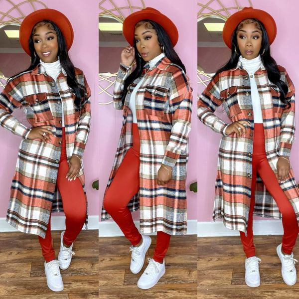 Women's classic plaid print woolen long coat dress