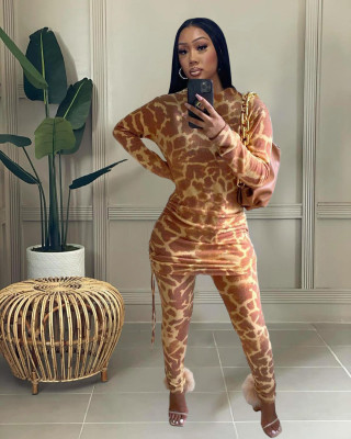 Women's fashion leopard print stitching long-sleeved bag hip high-waist dress + trousers suit