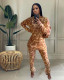 Women's fashion leopard print stitching long-sleeved bag hip high-waist dress + trousers suit