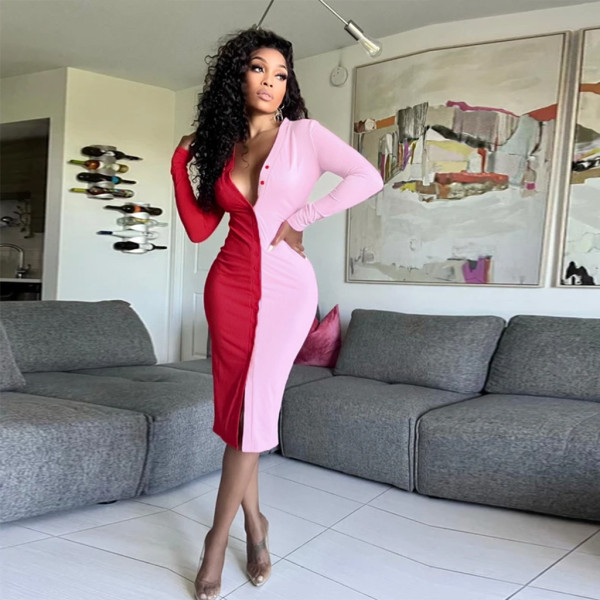 Explosive style small pit strip color matching fashion sexy women's dress