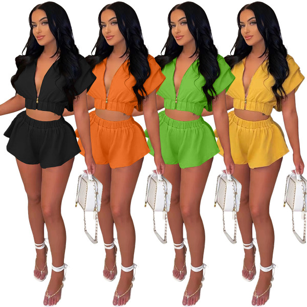 Women's spring new style hooded zipper short sleeve two-piece suit