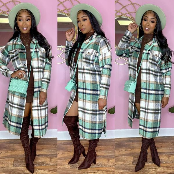 Women's classic plaid print woolen long coat dress