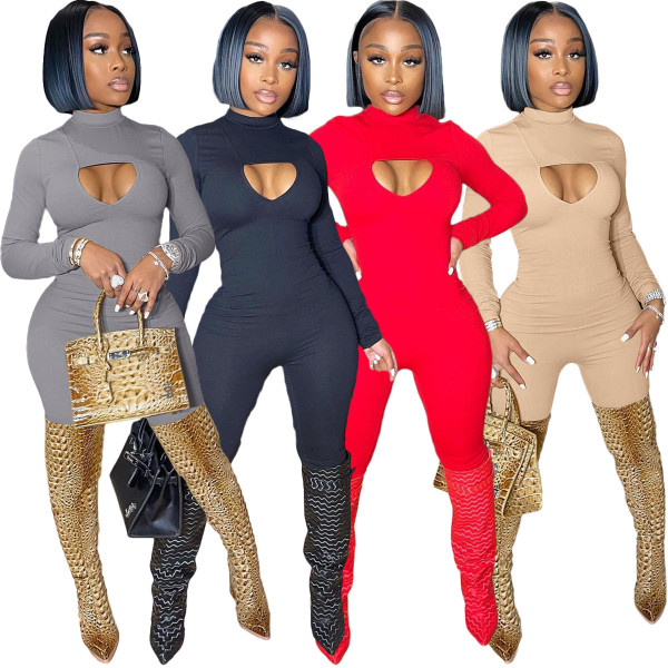 Women's Long Sleeve Sexy Skinny One-piece Pants with Hollow on Chest