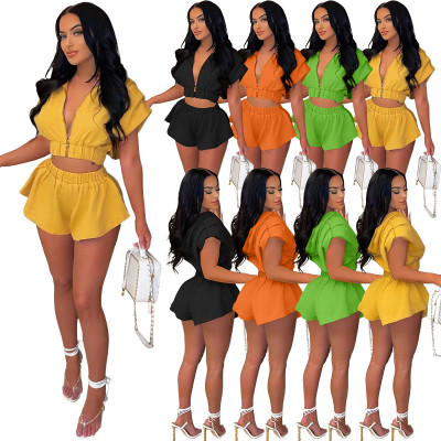 Women's spring new style hooded zipper short sleeve two-piece suit