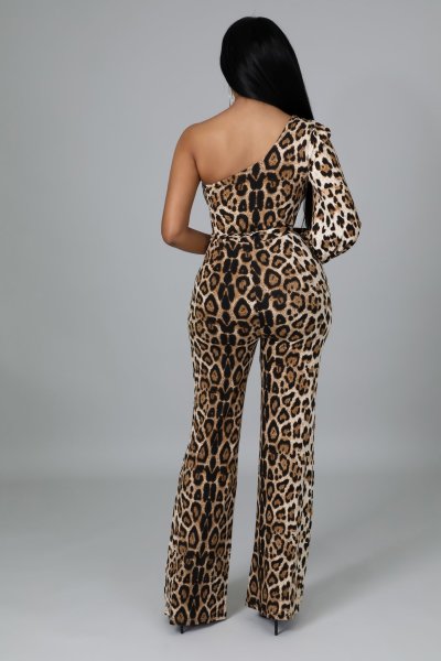 New sexy fashion leopard print one-shoulder oblique shoulder women's jumpsuit