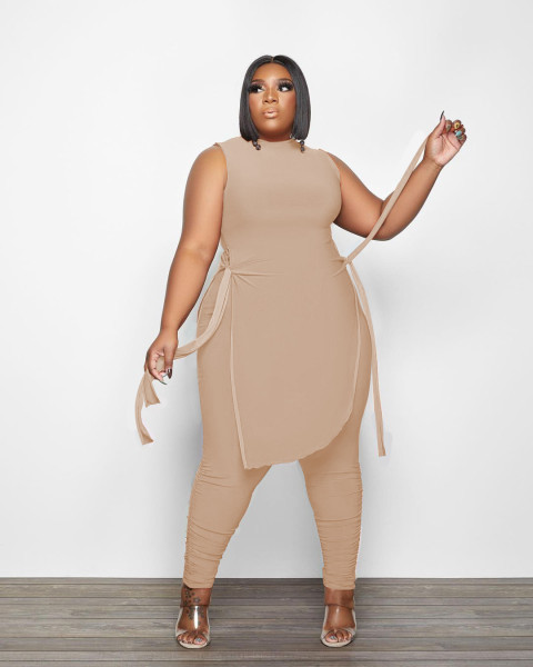 Two-piece pleated trousers plus size women's irregular lace-up blouse