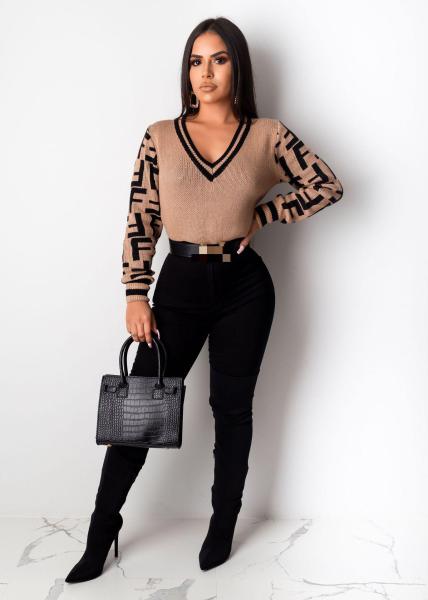 Ladies sweater V-neck fitted pullover F letter sweater