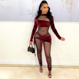 Fashion sexy velvet mesh irregular jumpsuit
