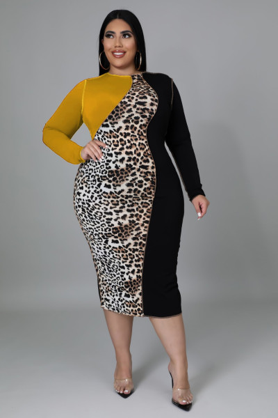 Fat woman plus size women's dress, leopard print, color matching, fat woman dress, three colors