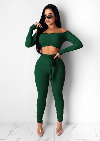 Women's hang strip one-shoulder long-sleeved short-waist short top fashion suit