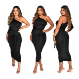 Spring new sexy fashion unilateral sleeve tie pleated