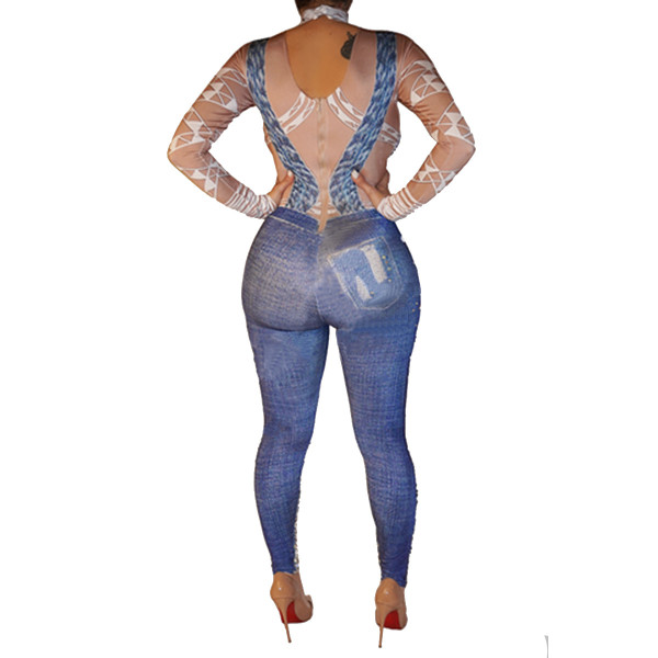 Fashion denim sling print jumpsuit hot sale high neck slim jumpsuit