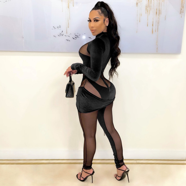 Fashion sexy velvet mesh irregular jumpsuit