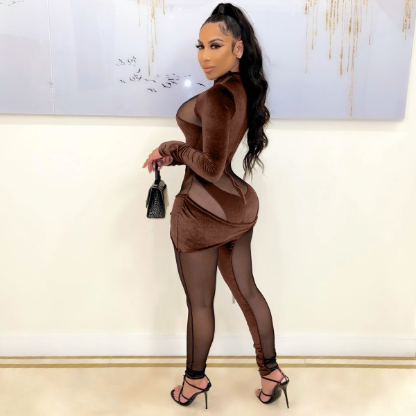 Fashion sexy velvet mesh irregular jumpsuit