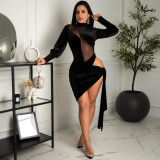 Explosive sexy see-through slim long-sleeved hip skirt nightclub clothes