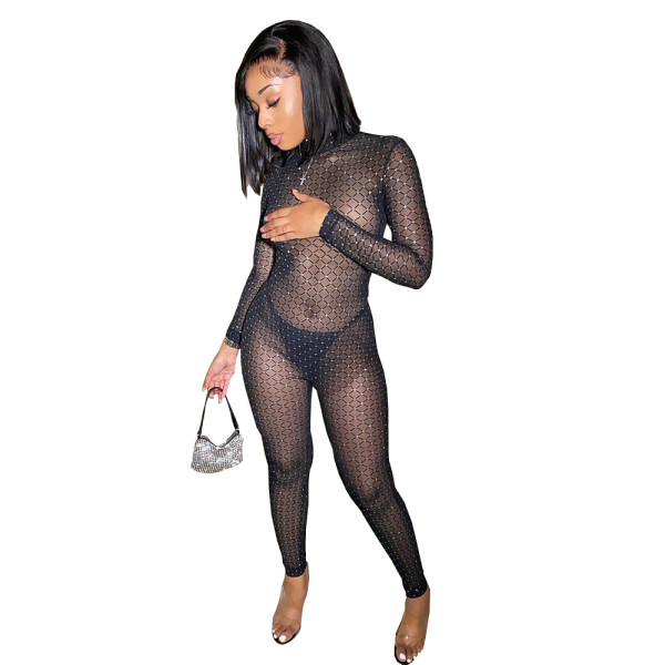 New winter checkered stand-up collar sexy slim stitching see-through ladies jumpsuit