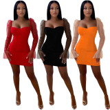 Fashion temperament sexy solid color stitching mesh short dress