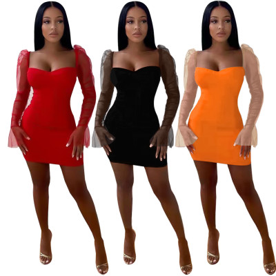 Fashion temperament sexy solid color stitching mesh short dress