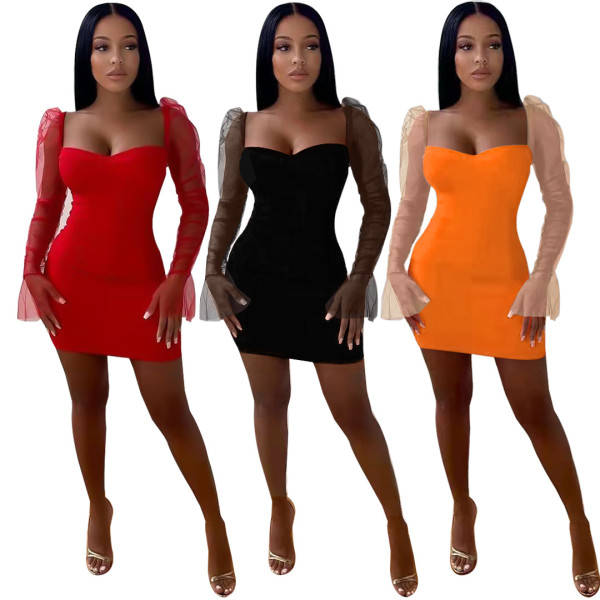 Fashion temperament sexy solid color stitching mesh short dress