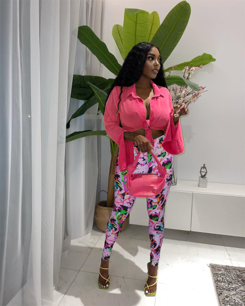 Two-piece long-sleeved shirt and printed trousers