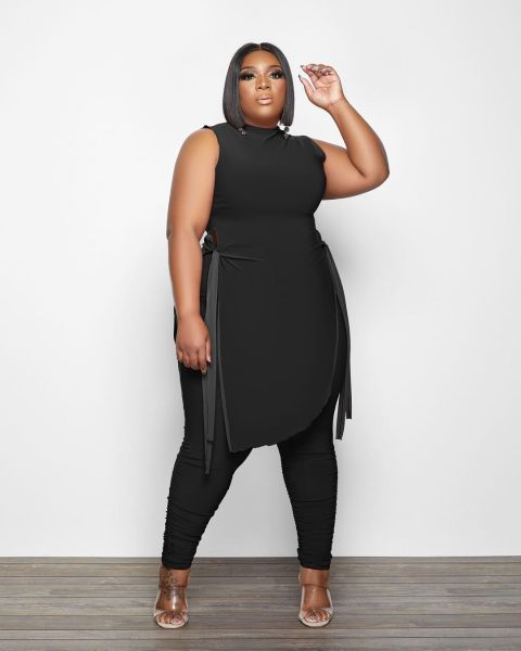 Two-piece pleated trousers plus size women's irregular lace-up blouse