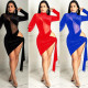 Explosive sexy see-through slim long-sleeved hip skirt nightclub clothes