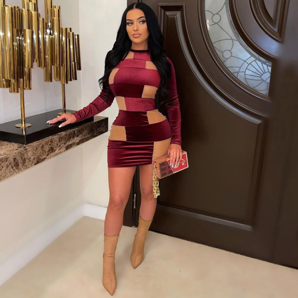 Women's sexy slim Korean velvet stitching mesh dress