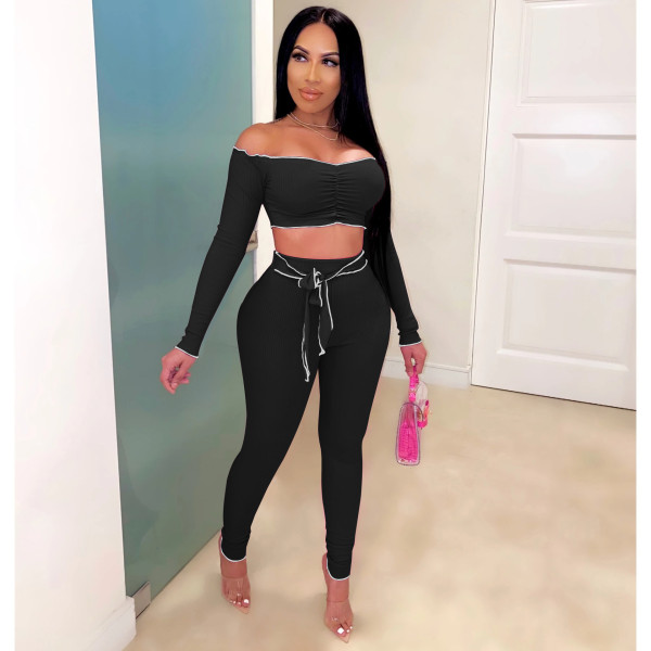 Women's hang strip one-shoulder long-sleeved short-waist short top fashion suit