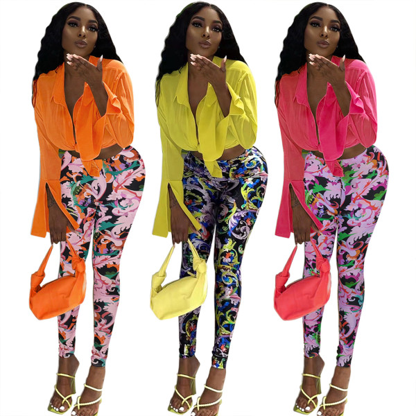 Two-piece long-sleeved shirt and printed trousers
