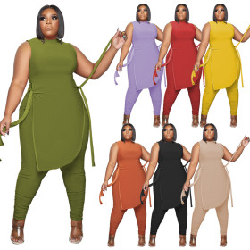 Two-piece pleated trousers plus size women's irregular lace-up blouse