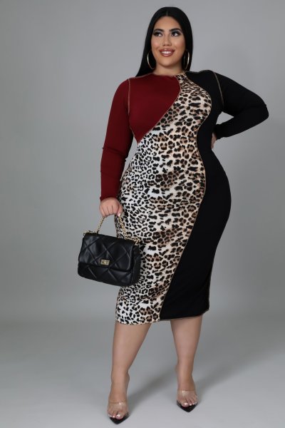 Fat woman plus size women's dress, leopard print, color matching, fat woman dress, three colors