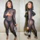 New winter checkered stand-up collar sexy slim stitching see-through ladies jumpsuit