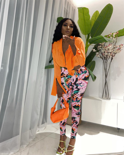 Two-piece long-sleeved shirt and printed trousers