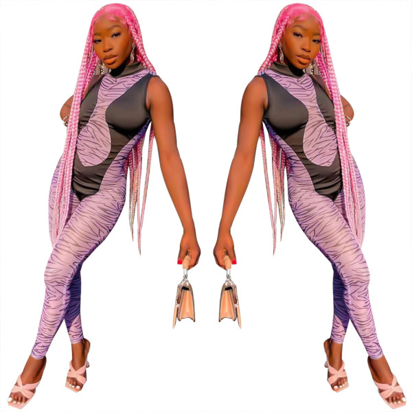 New product striped mesh stitching sleeveless jumpsuit cross-border trousers summer
