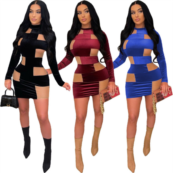 Women's sexy slim Korean velvet stitching mesh dress